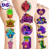 96 PCS Cool Glow Neon Light Temporary Tattoos Themed Birthday Party Favors Decorations Supplies Cute BlackLight Tattoo Stickers Gifts For Kids Boys Girls Prizes Carnival Christmas Holiday Halloween